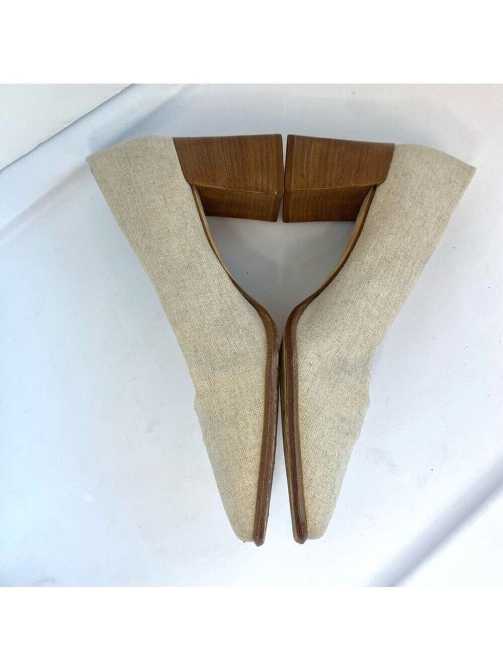 Nine West Beige Tan Linen Like Fabric Shoes Pump Square Toe Wood Block Heel Wome - Picture 4 of 11